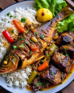 Traditional Thieboudienne, Senegal’s national dish, served during a Danfo Africa food tour.