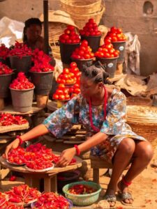 Vibrant Dakar market filled with spices and fresh produce.